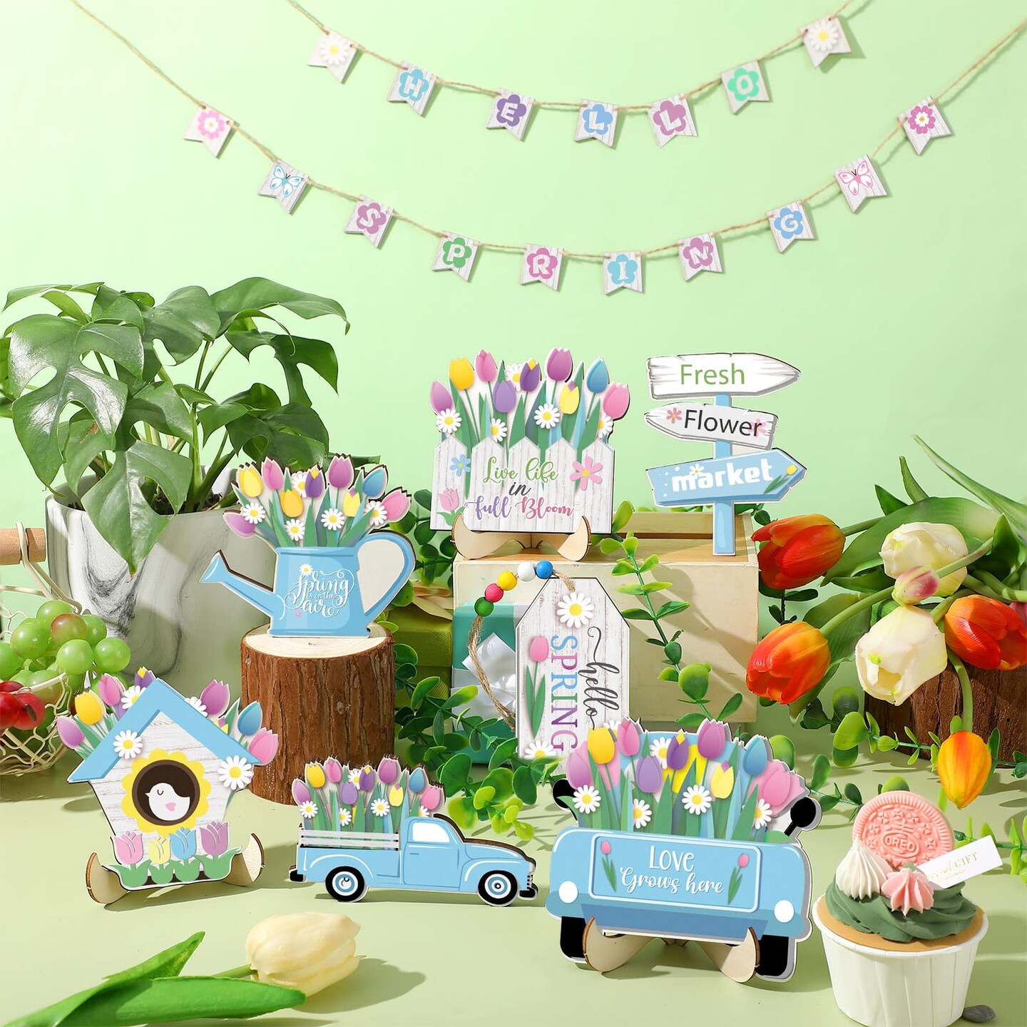 Hello Spring Tiered Tray Decor Tulips Table Wooden Sign Decorations Flower Market Tabletop Rustic Farmhouse Decor for Spring Holiday Party Home Kitchen (Tulip Style)