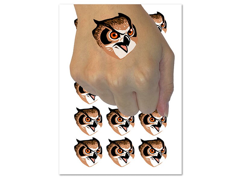 Fierce Horned Owl Head Temporary Tattoo Water Resistant Fake Body Art Set Collection (1 Sheet)