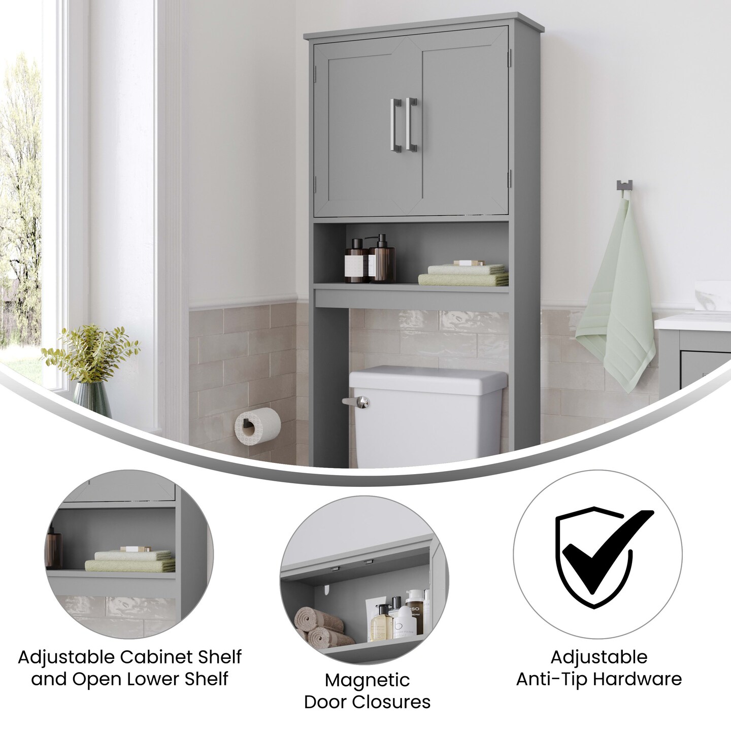 Merrick Lane Vigo Over the Toilet Bathroom Organizer with Shelves and Magnetic Closure Doors