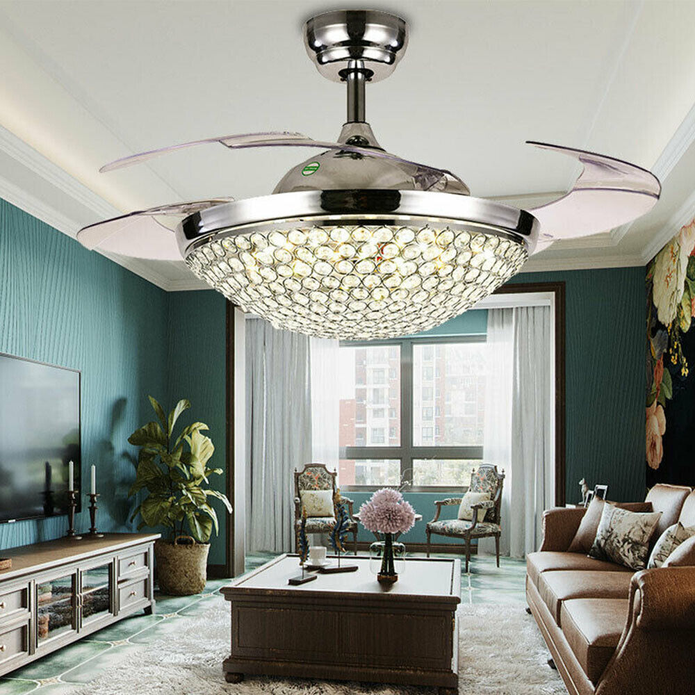 Kitcheniva Retractable Crystal Ceiling Fan Chandelier With Remote