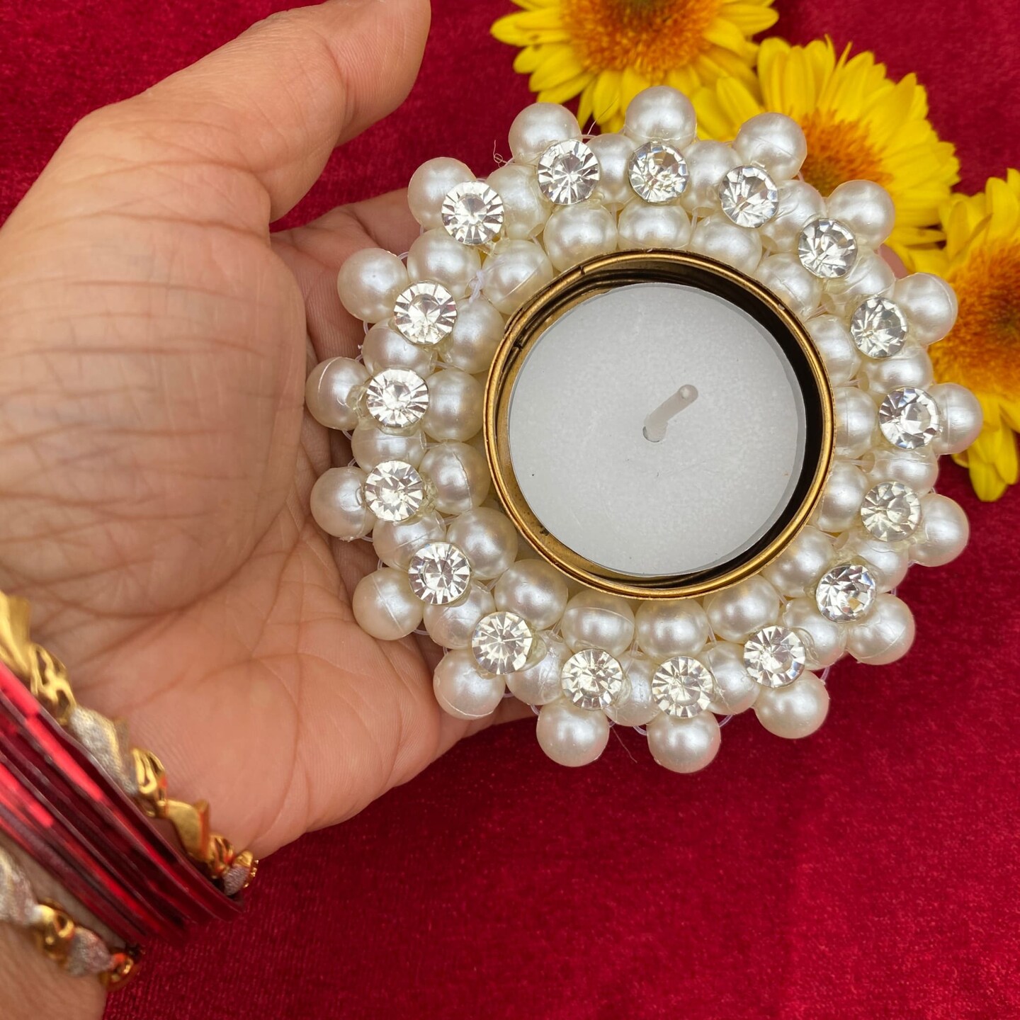 Pearl T-light Holder, Tealight Candle Holder Festival of Light Decorative for Diwali Christmas Thanksgiving Housewarming Gift Moti Candle Stand for Centerpiece Dining Table Home Decor