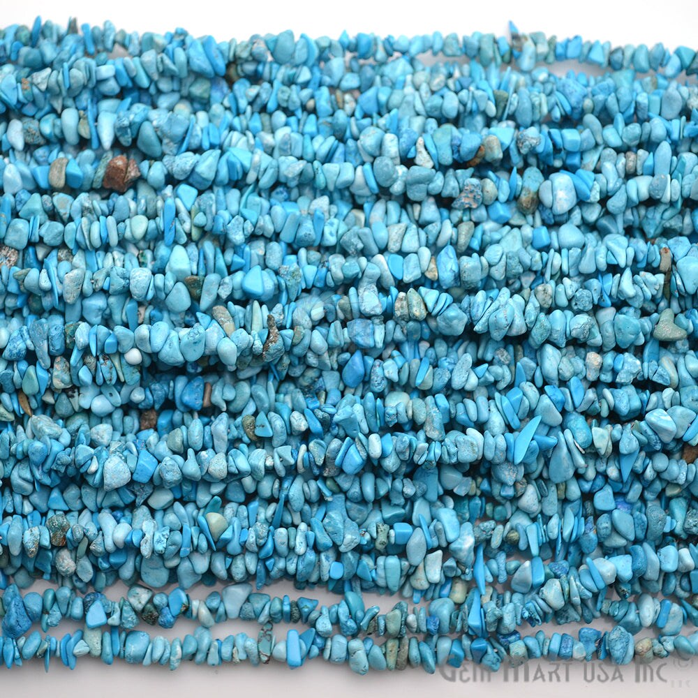 Turquoise Chip Beads, 34 Inch, Natural Chip Strands, Drilled Strung Nugget Beads, 3-7mm, Polished, GemMartUSA (CHTR-70001)