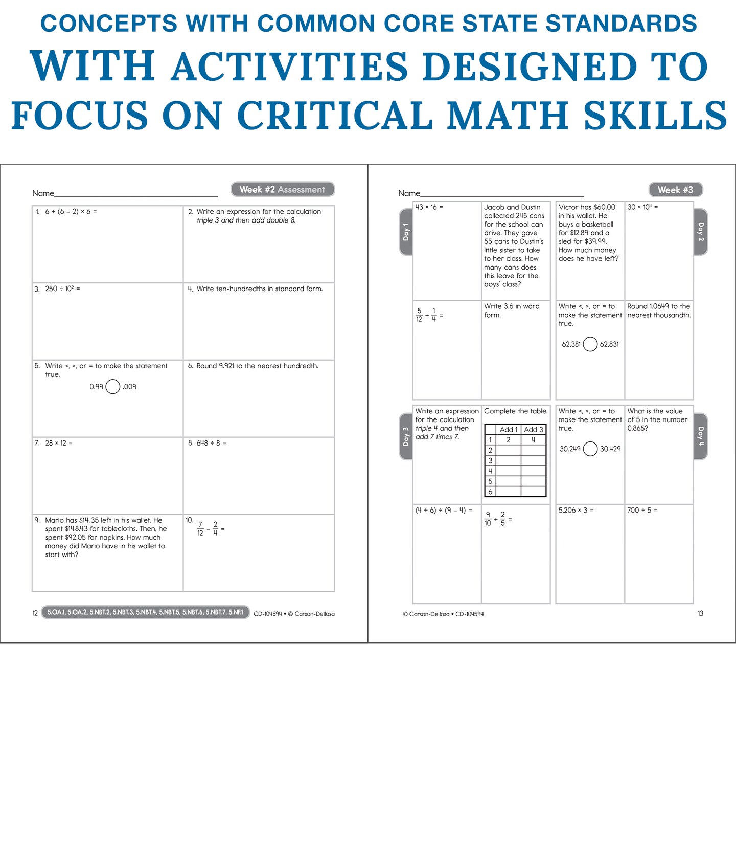 Carson Dellosa Common Core Math 4 Today 5th Grade Workbook, Multiplication, Division, Fractions, Mathematics Equations, and More, Classroom or Homeschool Curriculum