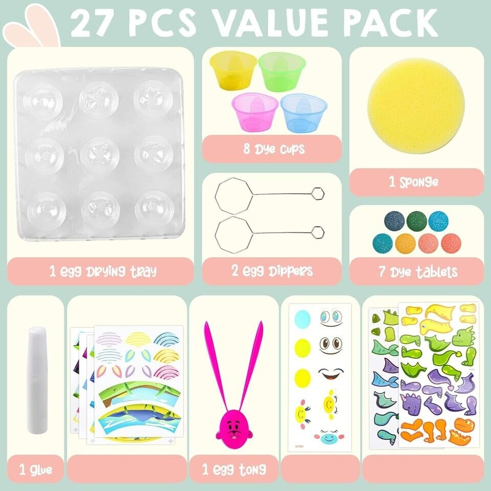 27 PCS Easter Animal Egg Dye Kit Easter DIY Egg Decorating Kit with Mermaid