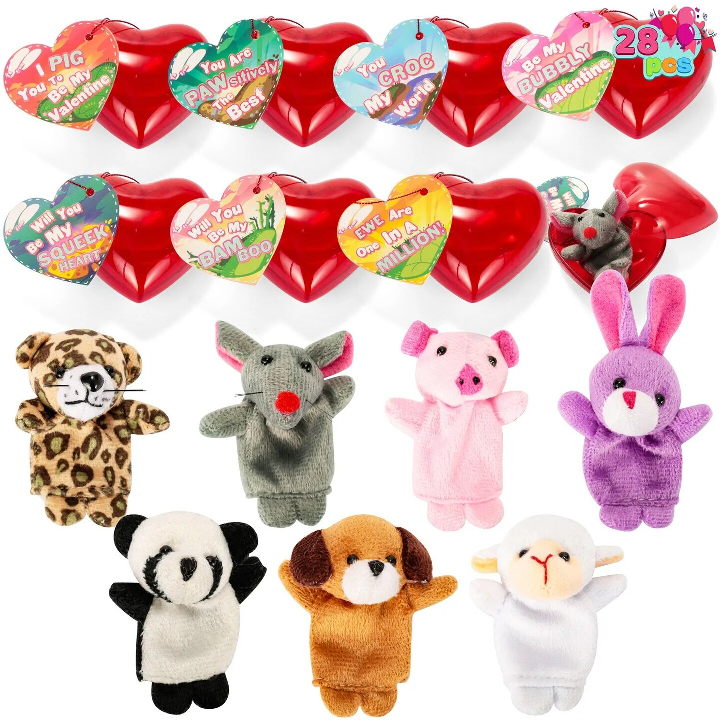 Valentines Day Prefilled Hearts with Plush Animal Finger Puppet Party