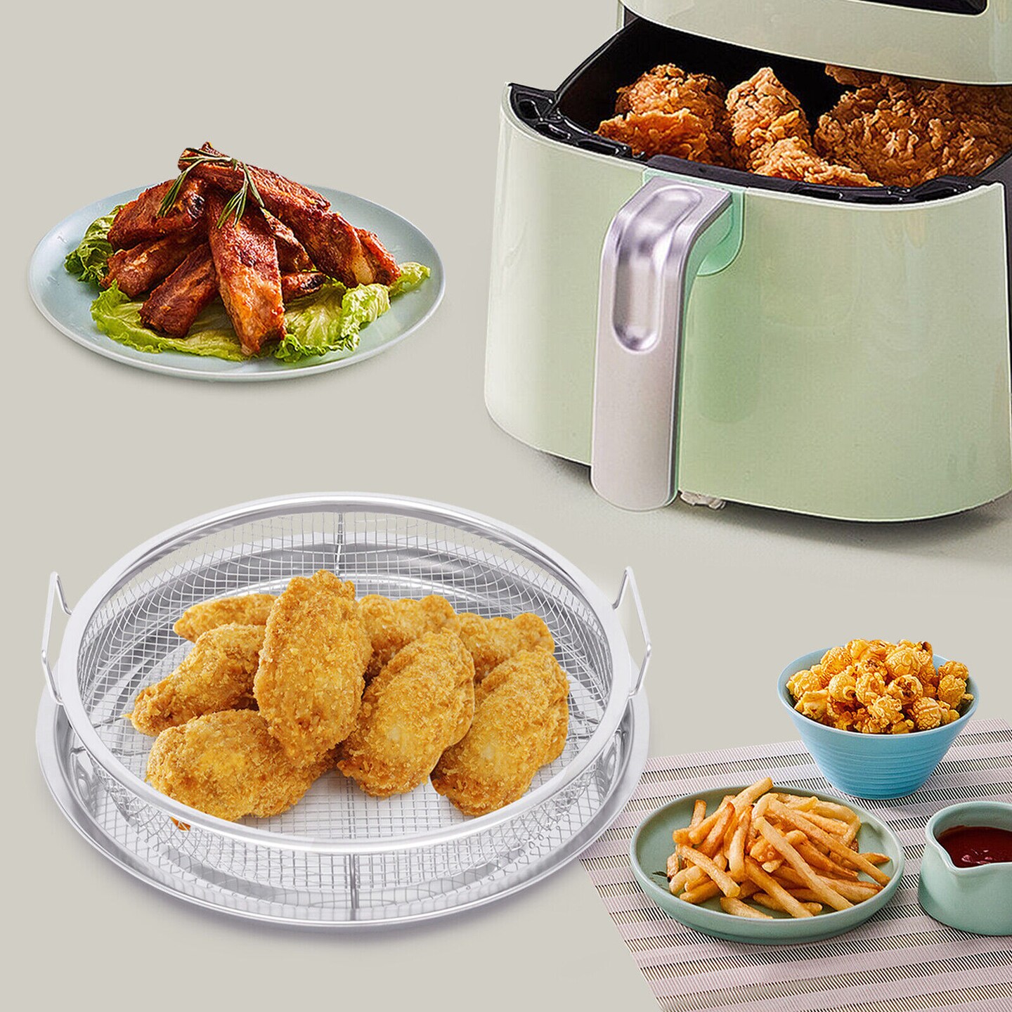 Kitcheniva Round Stainless Oven/ Air Fryer Basket With Wire Rack Tray Set