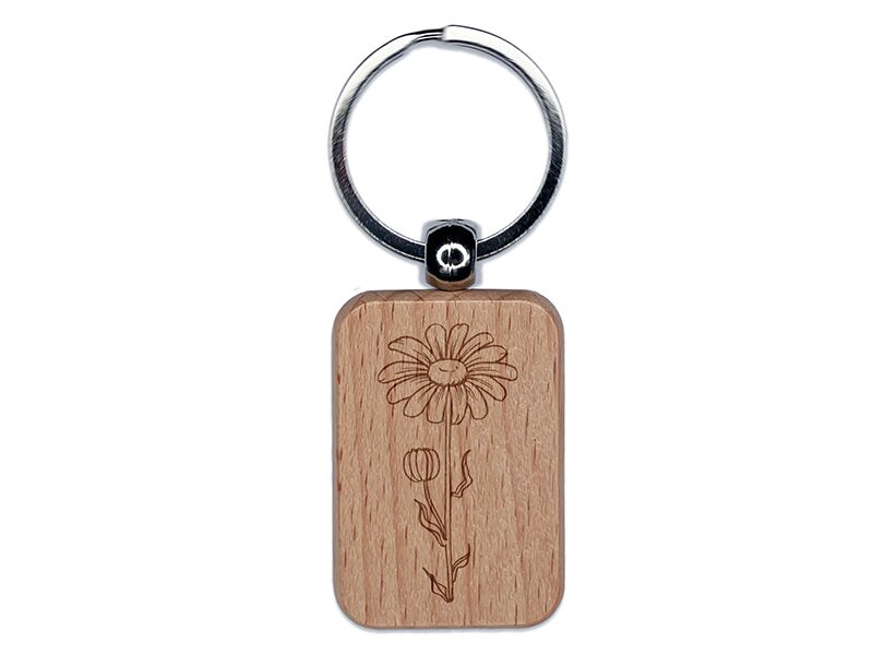 Hand Drawn Daisy Flower Engraved Wood Rectangle Keychain Tag Charm