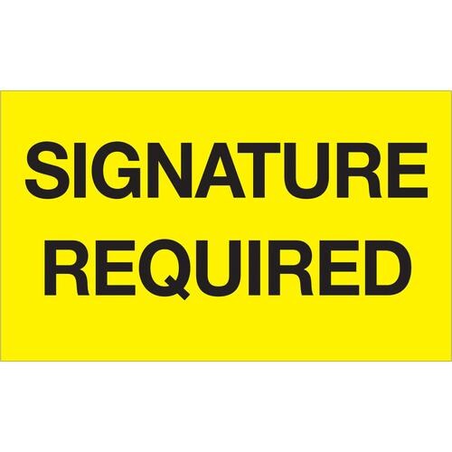 Tape Logic Labels, &#x22;Signature Required&#x22;, 3&#x22; x 5&#x22;, Fluorescent Yellow, 500/Roll
