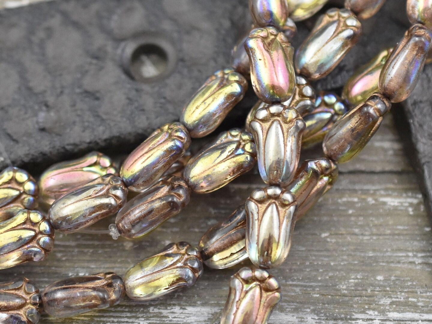 *12* 12x8mm Crystal Bronze Rainbow Tulip Beads