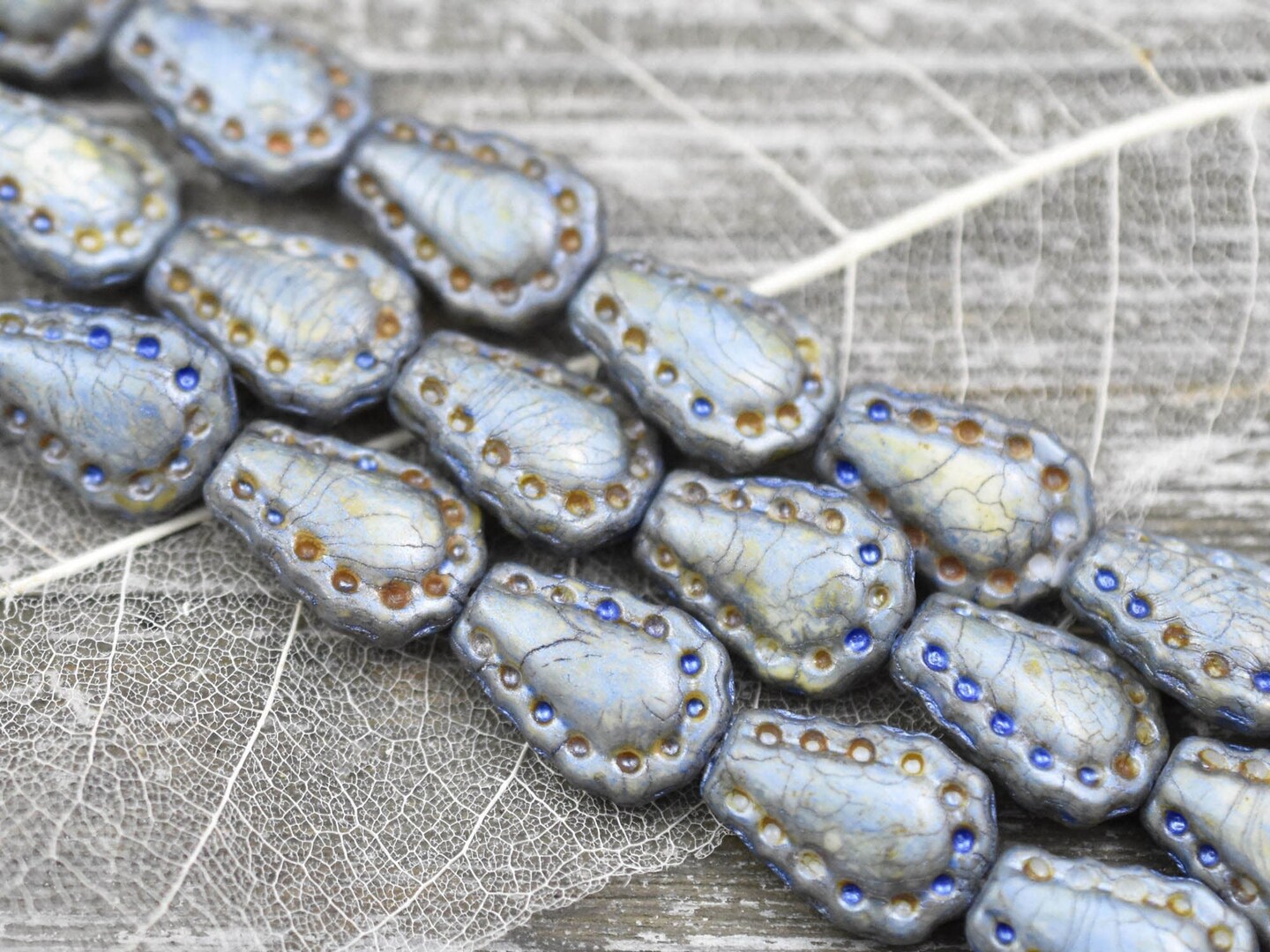 *6* 17x12mm Opaque Alabaster Blue Sage Lacy Teardrop Beads