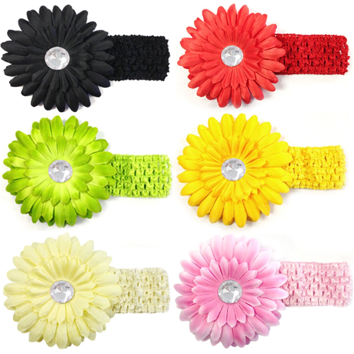 Wrapables Assorted Gerber Daisy Flower Hair Clips With Soft Stretchy Crochet Baby Headbands (24 Pack, 12 Flowers + 12 Headbands)
