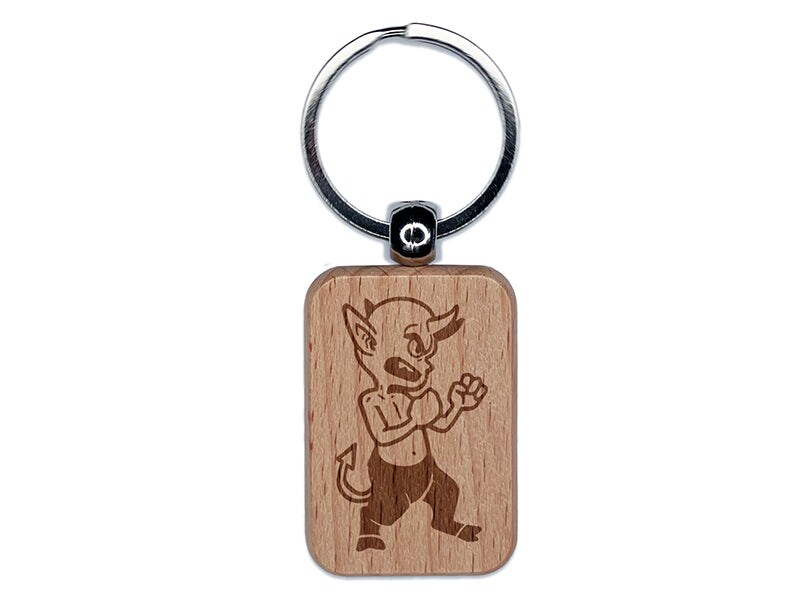 Feisty Little Devil Imp Boy Demon Engraved Wood Rectangle Keychain Tag Charm