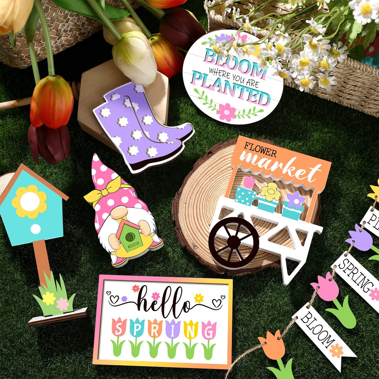 12 Pieces Spring Tiered Tray Decor Wooden Gnomes Flowers Plants Tabletop Trays Signs Spring Summer Fall Tiered Tray Items for Home Farmhouse Rustic Kitchen Decorations (Spring)