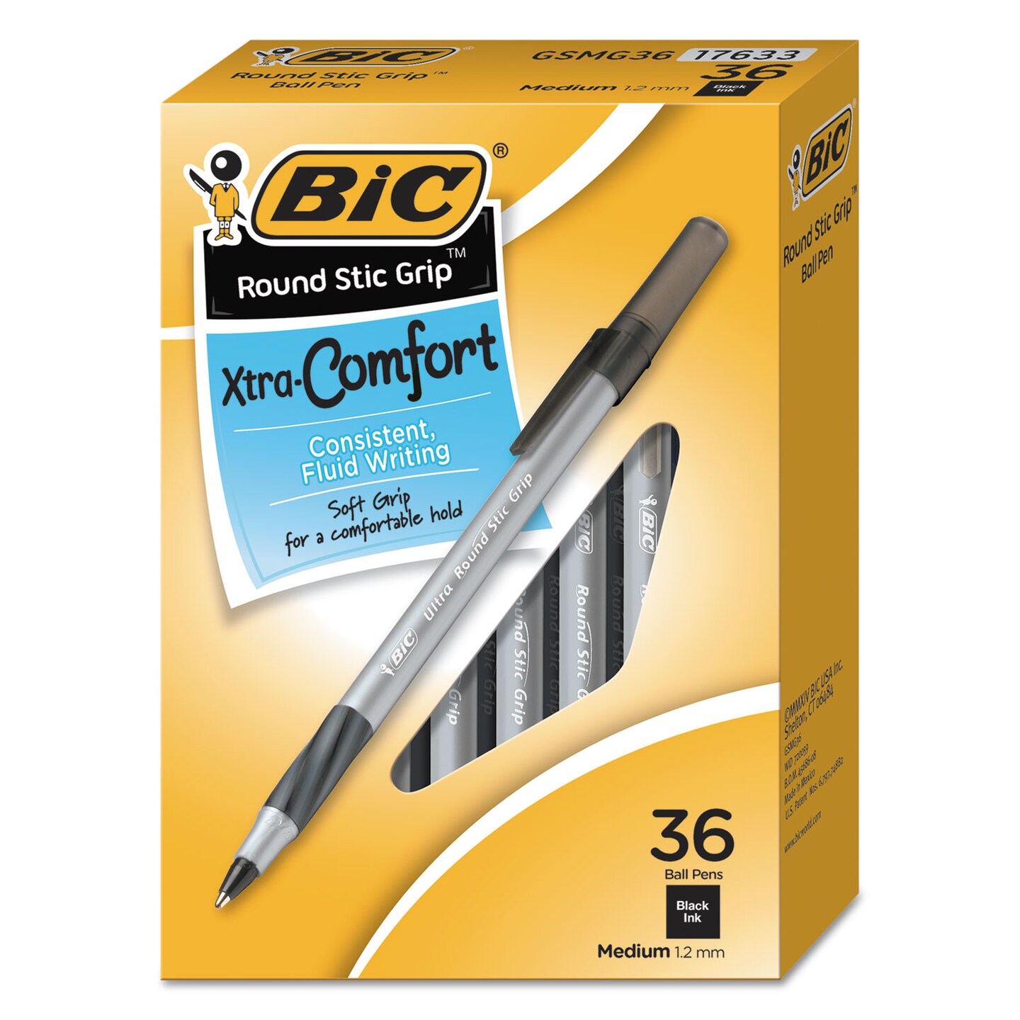 Bic Round Stic Grip Xtra Comfort Stick Ballpoint Pen, 1.2mm, Black Ink, Gray Barrel, 36/Pack