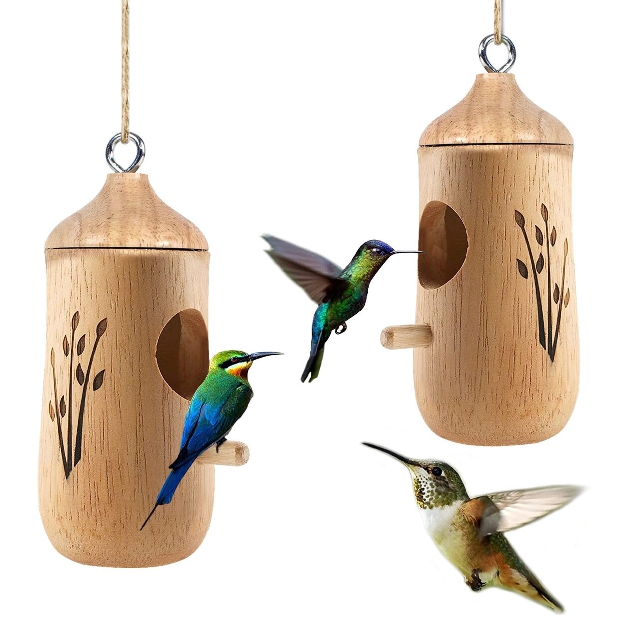 SKUSHOPS 2 Packs Humming Bird Houses for Outside Wooden Hanging Bird Nest Feeder Hand Patio Garden Craft Ornament Decoration