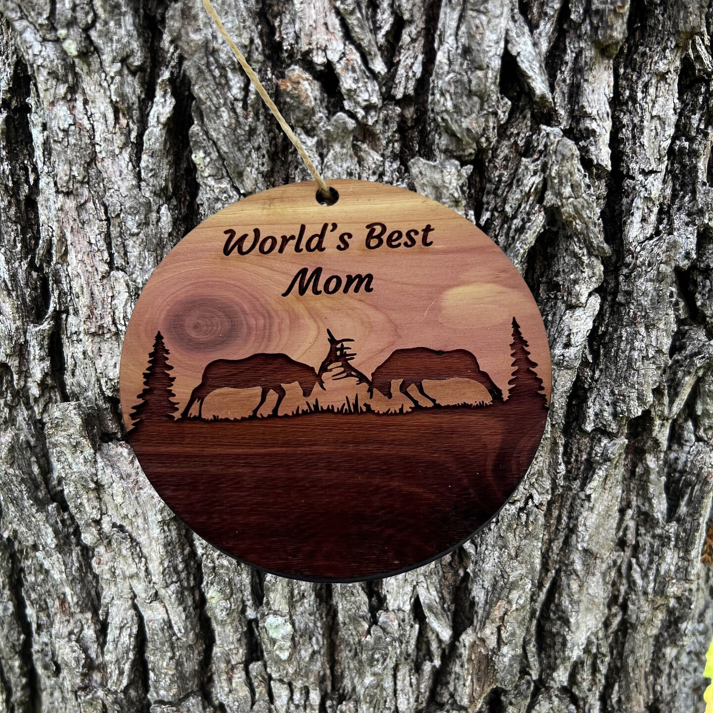 Worlds Best Mom Elk Battle - Cedar Ornament Worlds Best Mom Elk Battle - Cedar Ornament