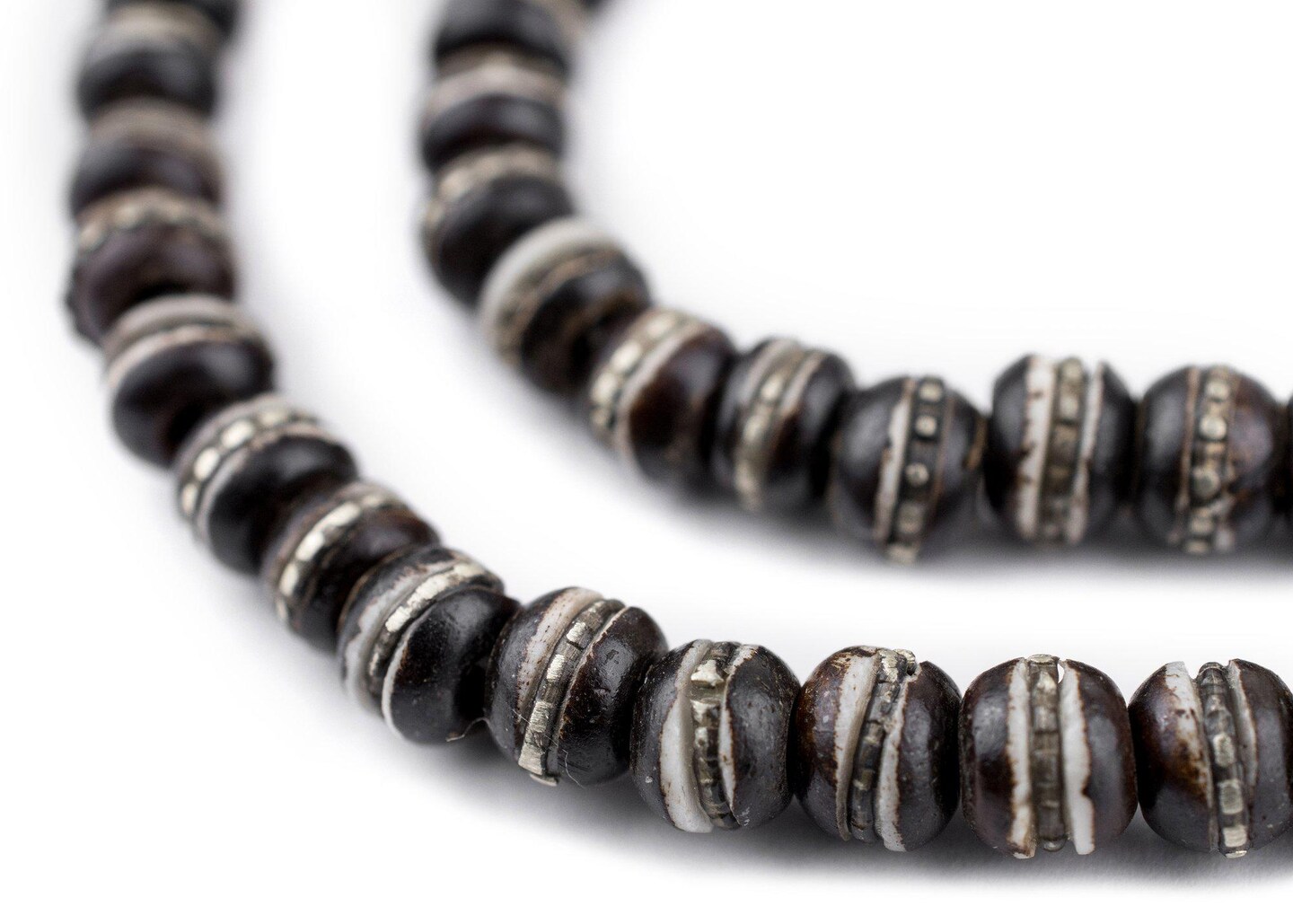 The Bead Chest Silver-Inlaid Black Bone Mala Beads (6mm): Nepal Spacers Buddhist Tibetan Prayer Beads