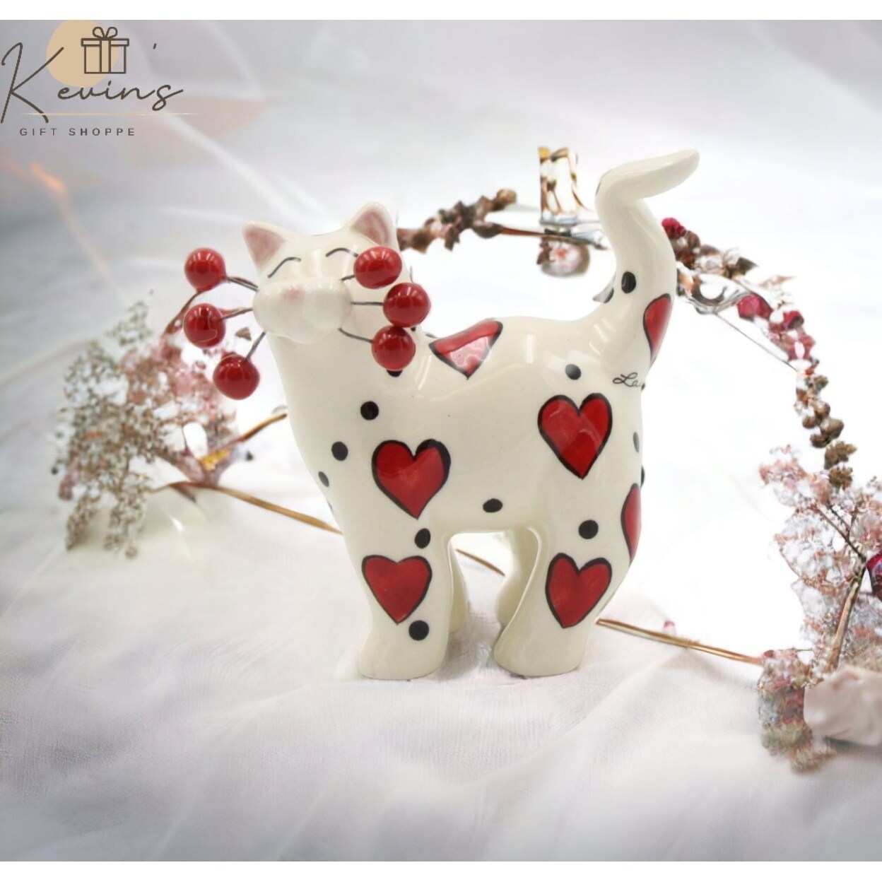 Ceramic Cat Figurine Red Heart 2.875 In Valentines Decor