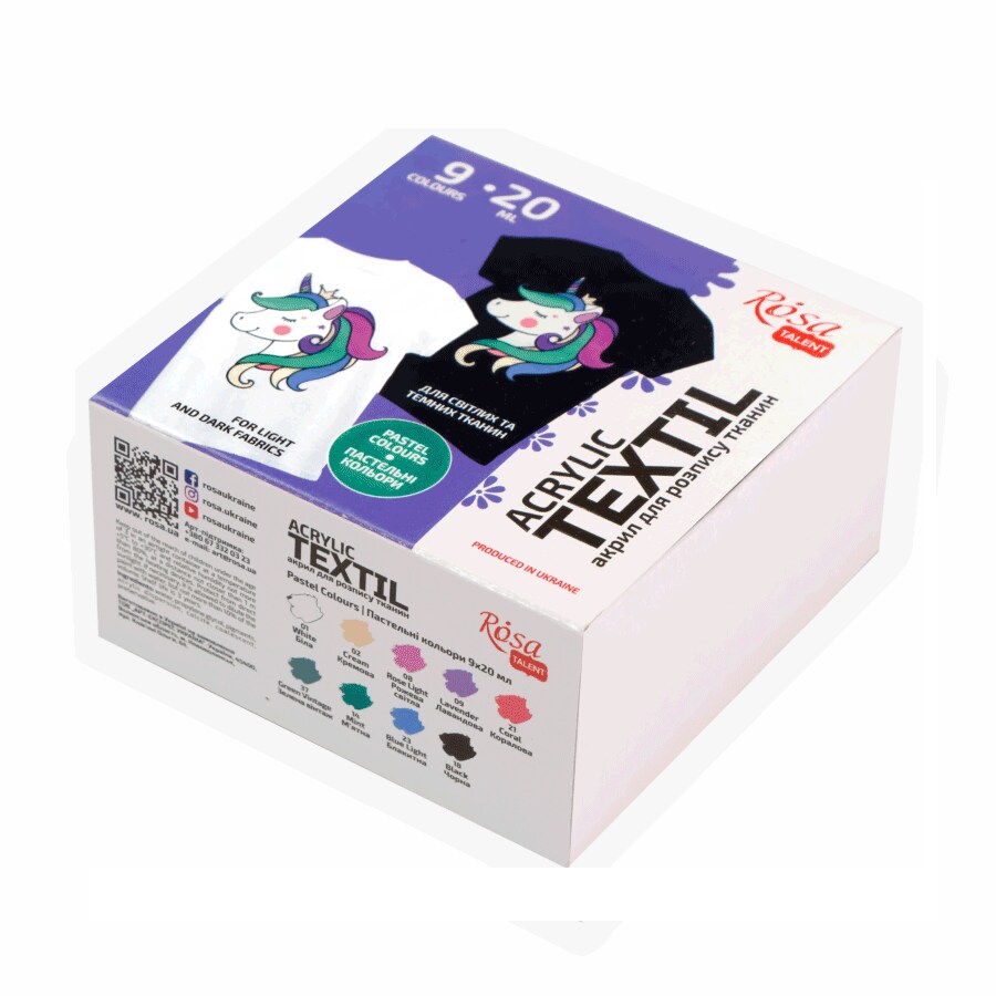 UNICORN Textile Acrylic Paint Set 9 pastel colors (20ml) by Rosa