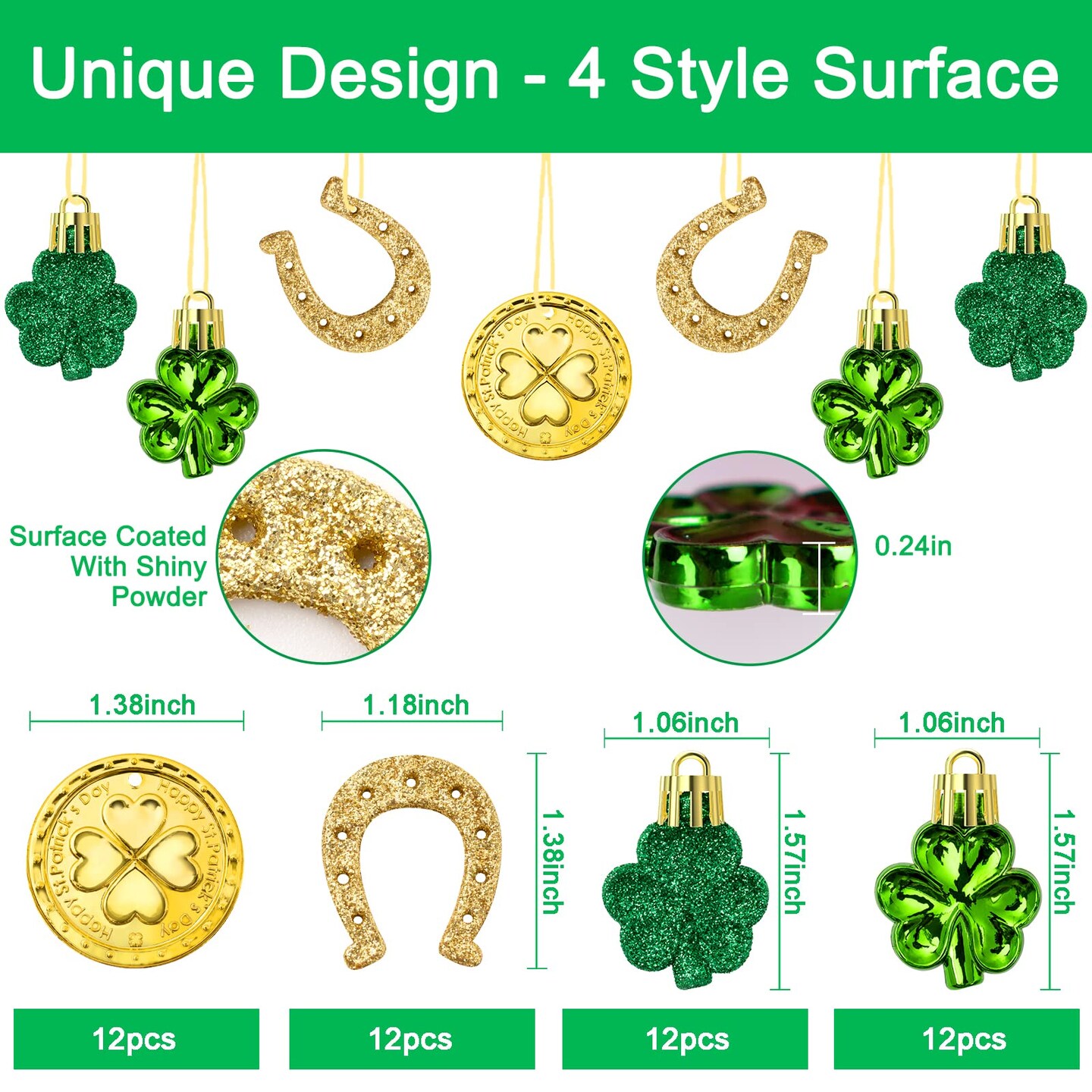 St. Patricks Day Decorations Shamrock Ornaments - 48pcs Shamrock Clover Gold Coins Horseshoe Tree Ornaments for Spring Lucky Irish Day St Patrick&#x27;s Day Home Table Tree Party Hanging Decorations