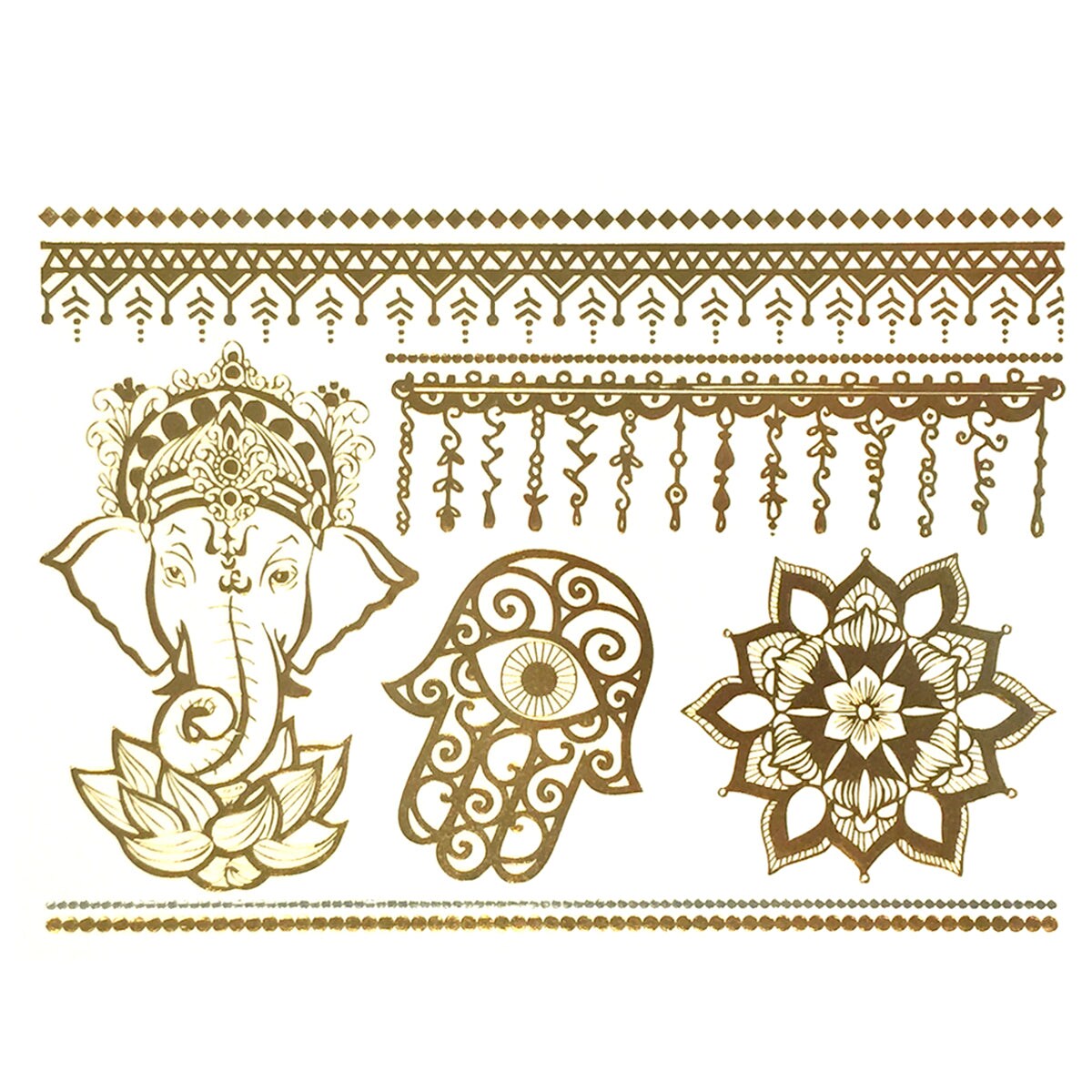 Wrapables Celebrity Inspired Temporary Tattoos in Metallic Gold Silver and Black, Hindu, Large