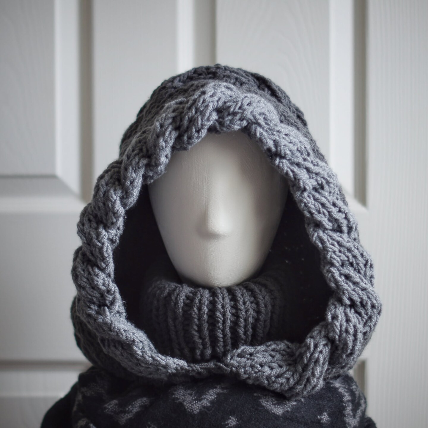 Dual Gray Winter Hood with Multi-Way Neck Warmer - Double Cable Knit Balaclava Hooded Cowl product 4