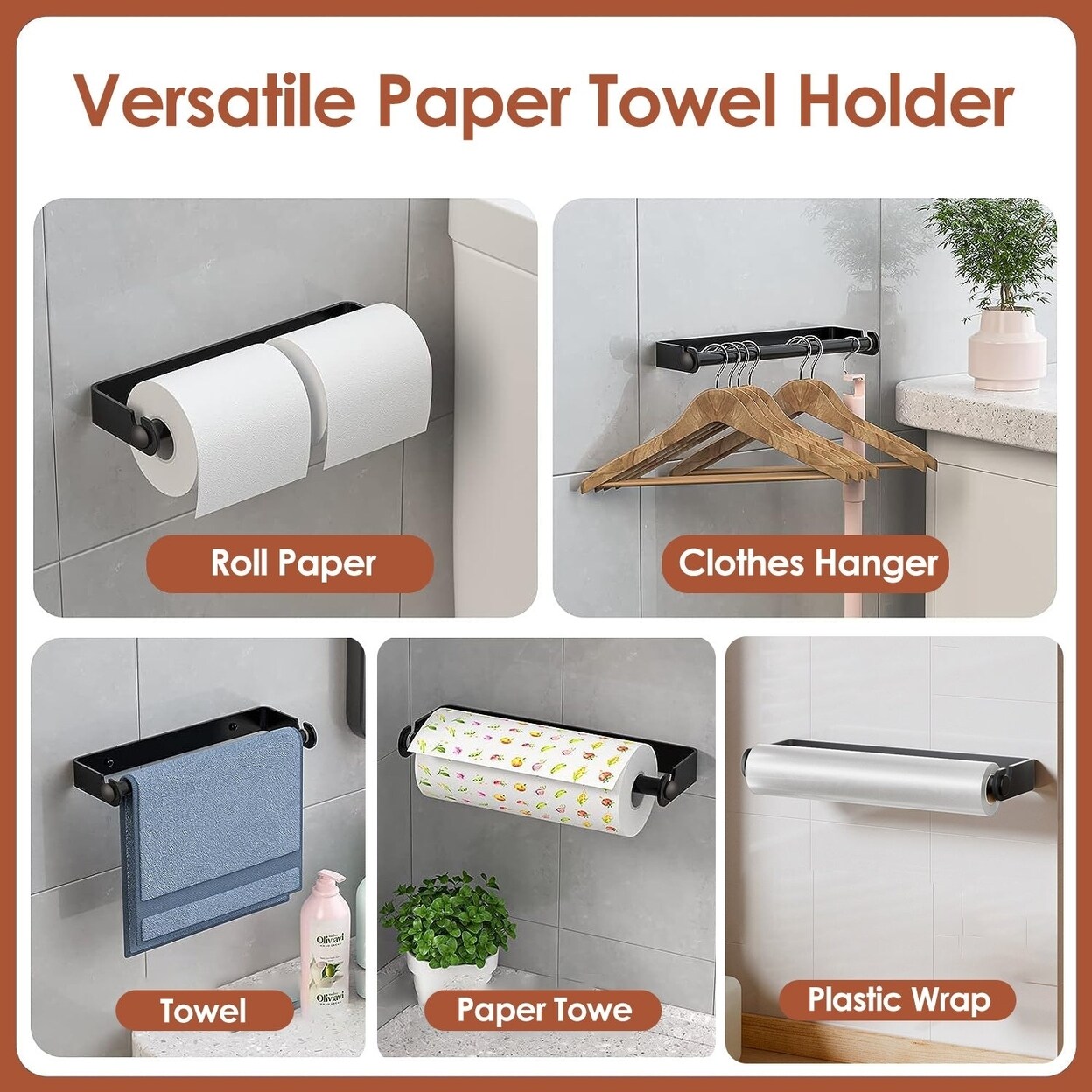 2 Pack Wall Mounted Paper Towel Holder Under Cabinet Paper Towel Rack For Bathroom Kitchen Pantry Sink Balcony Aluminum