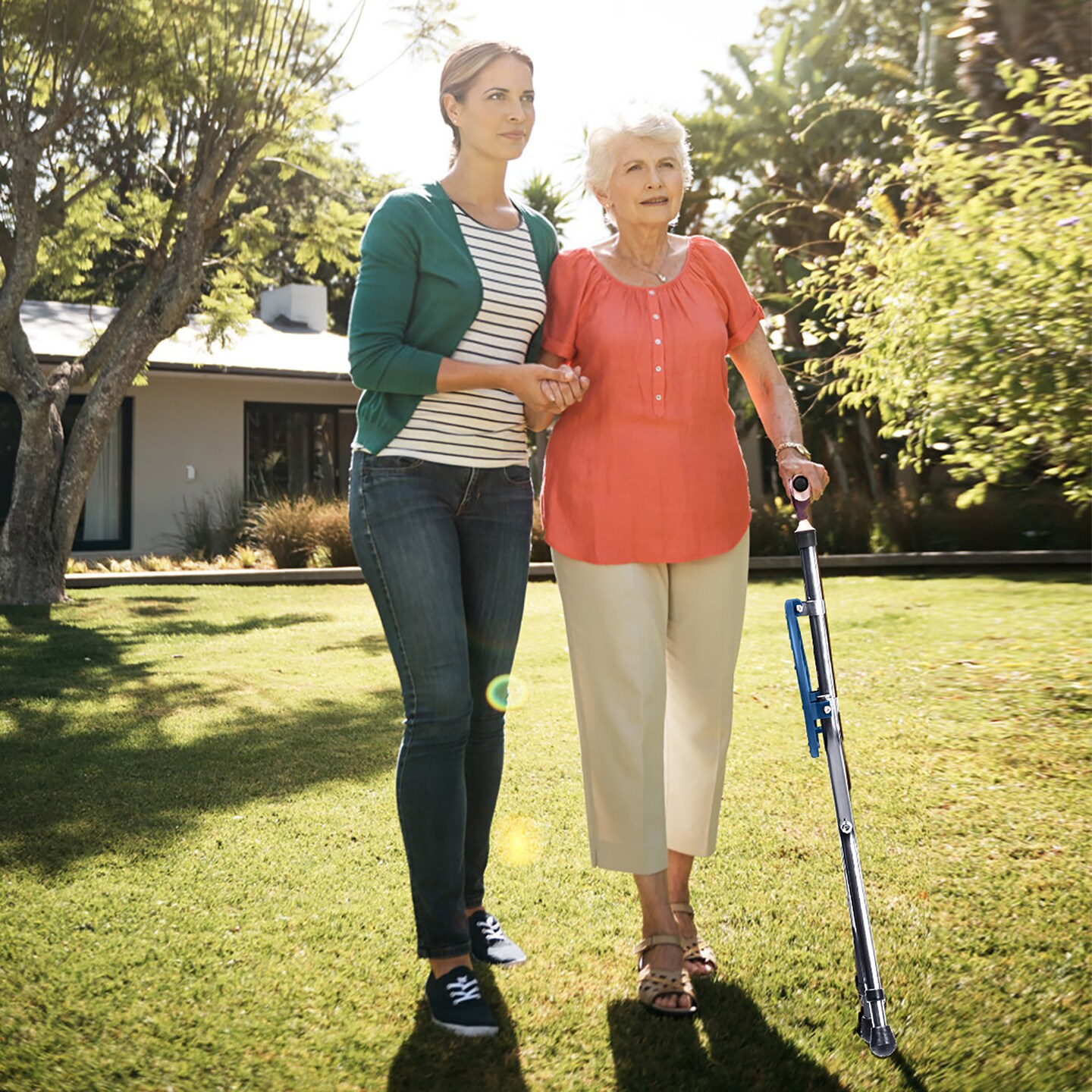 Goplus Adjustable Folding Cane Seat Aluminum Alloy Crutch Chair with Light Blue/Coffee/Black