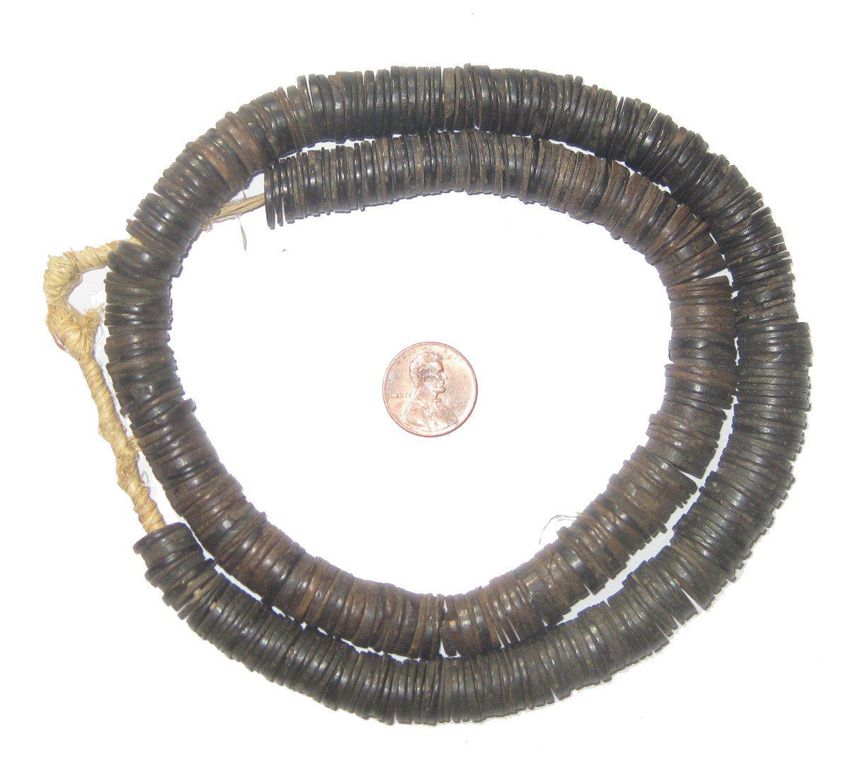 TheBeadChest Vintage Coconut Shell Heishi Beads 10-15mm Nigeria African Black Wood 26 Inch Strand Handmade