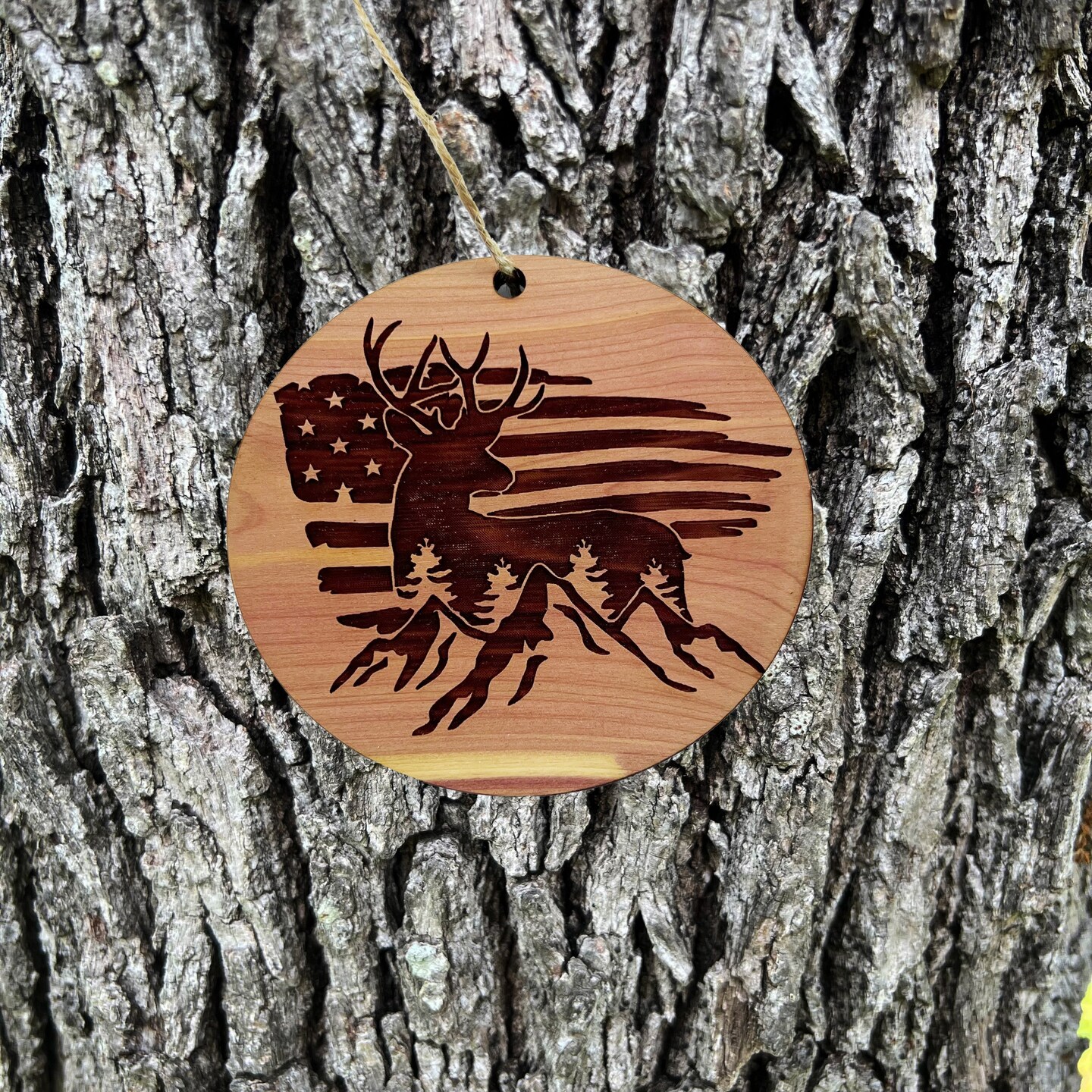American Deer Flag - Cedar Ornament American Deer Flag - Cedar Ornament