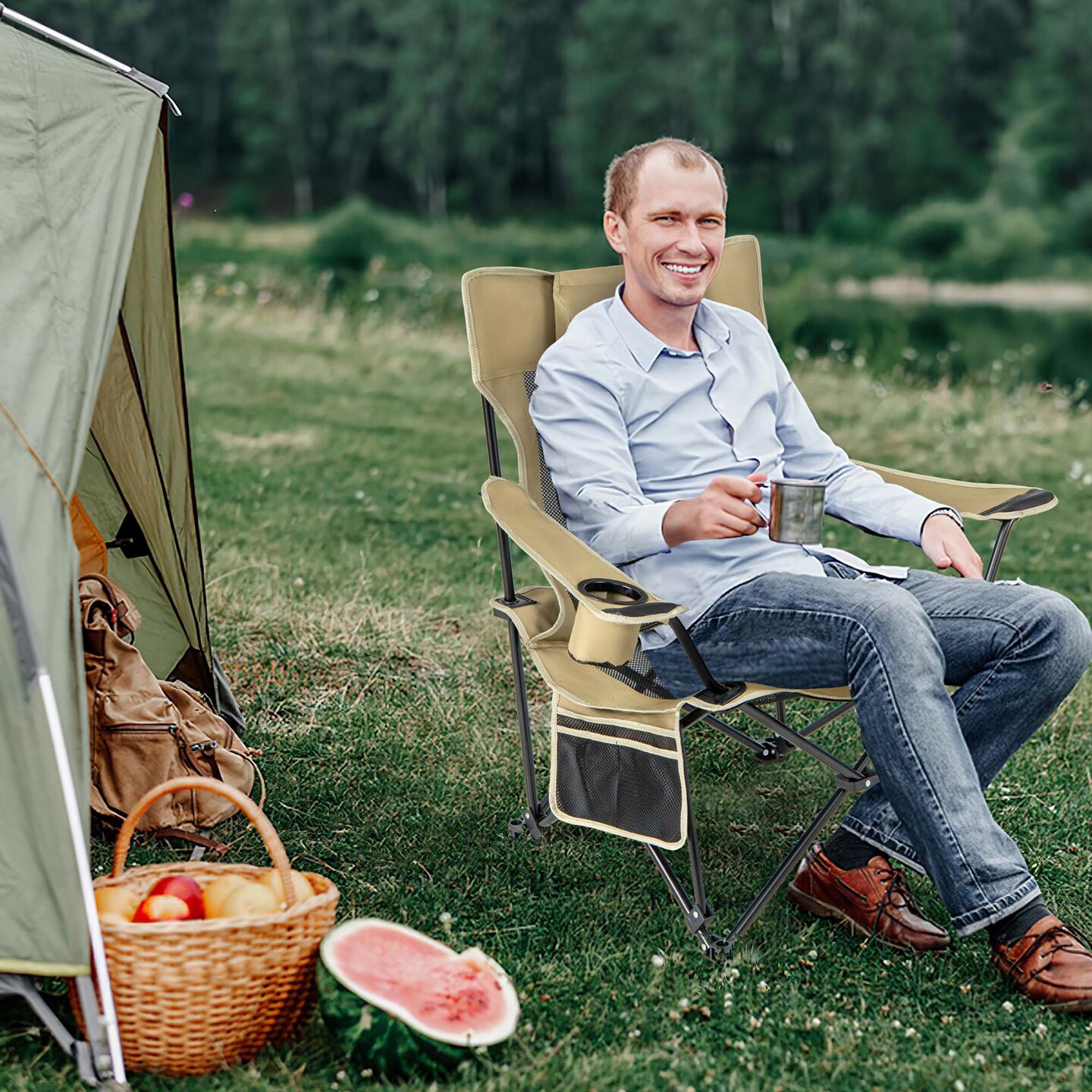 Goplus Folding Camping Chair with Detachable Footrest for Fishing, Camp, Picnics Khaki/Grey