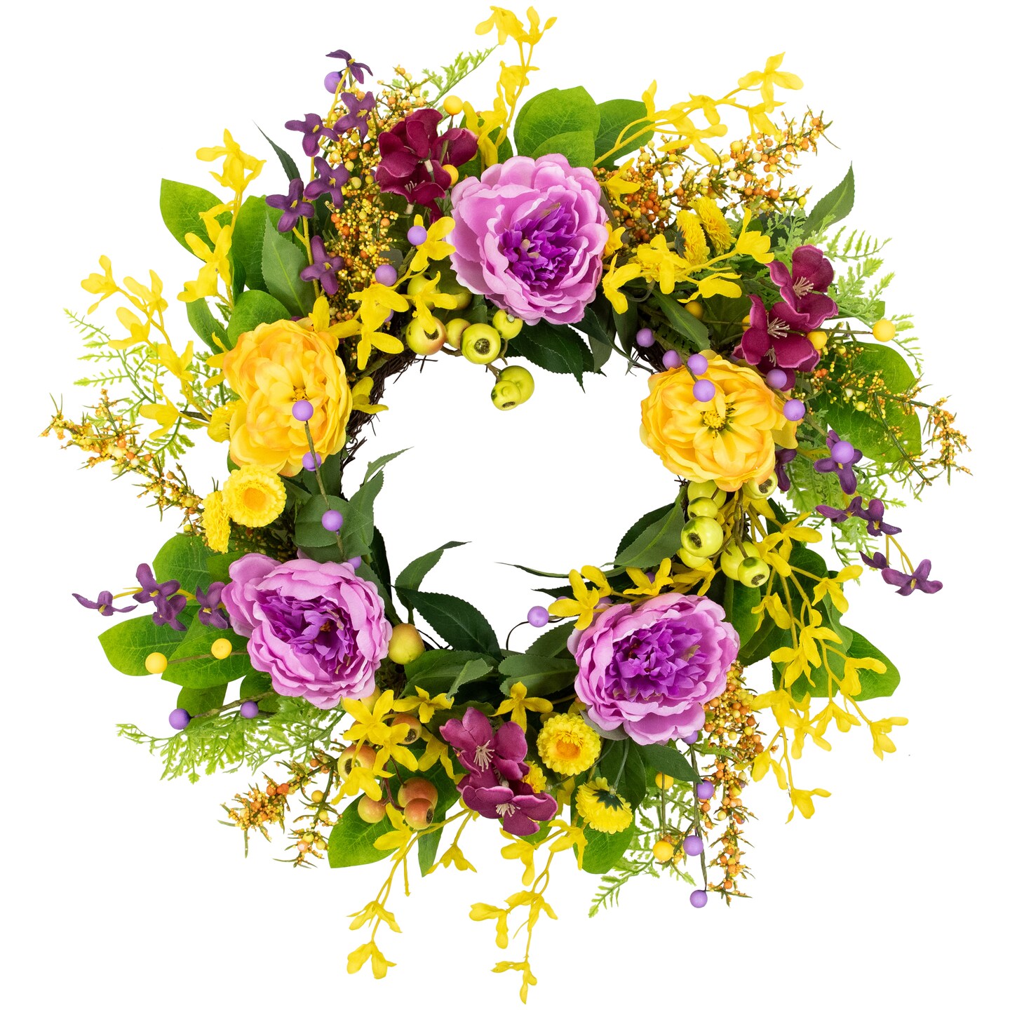 Northlight Peonies and Forsythia Spring Wreath - 24&#x22; - Yellow and Purple