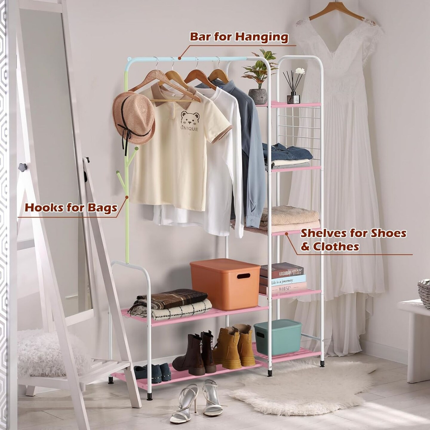 Coat Rack Freestanding Clothing Rack with Shelves Garment Racks for Hanging Clothes with Shoe Rack