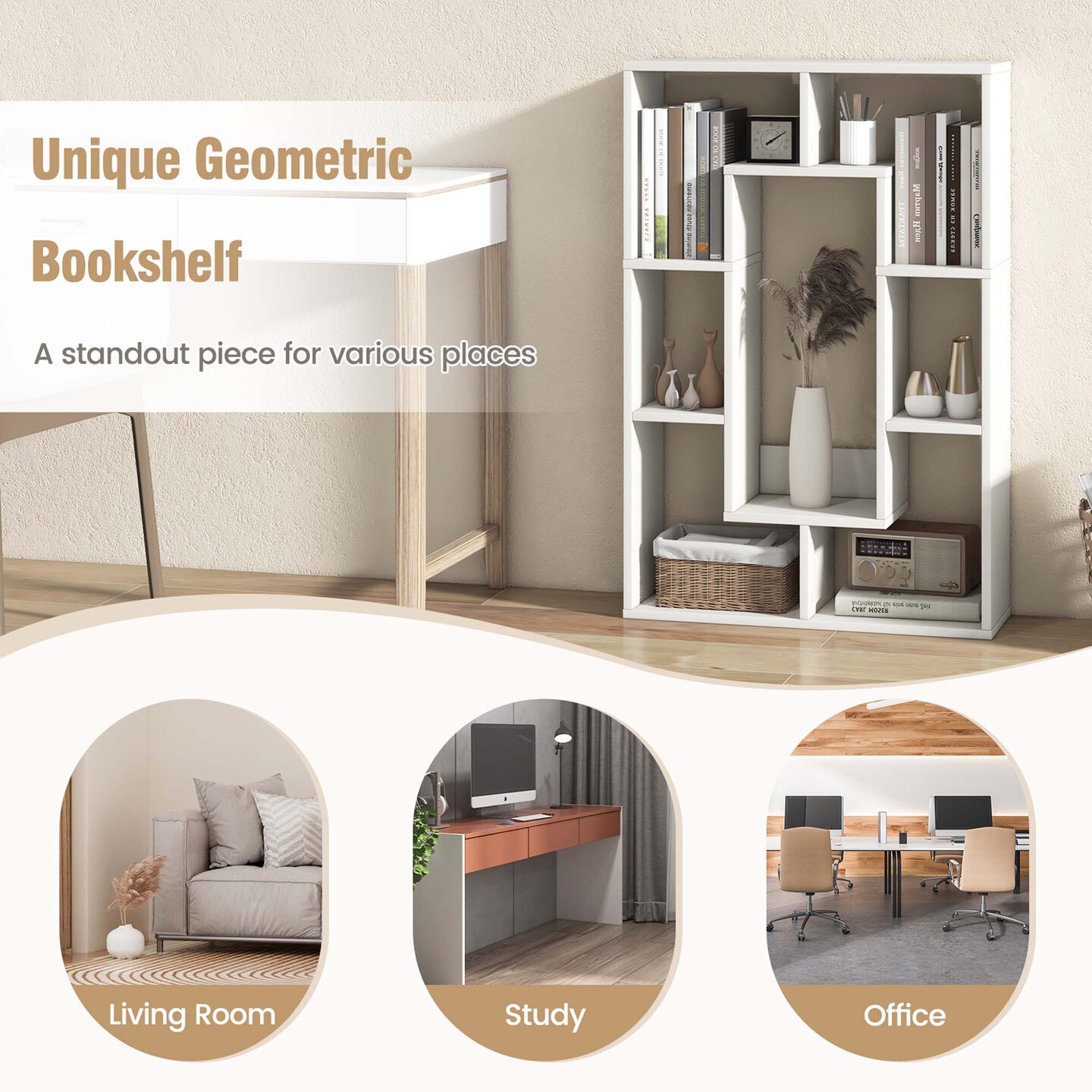 Costway 7-Cube Geometric Bookshelf with Anti-Toppling Device Modern Open Bookcase White/Black/Oak/Rustic Brown/Natural/Grey