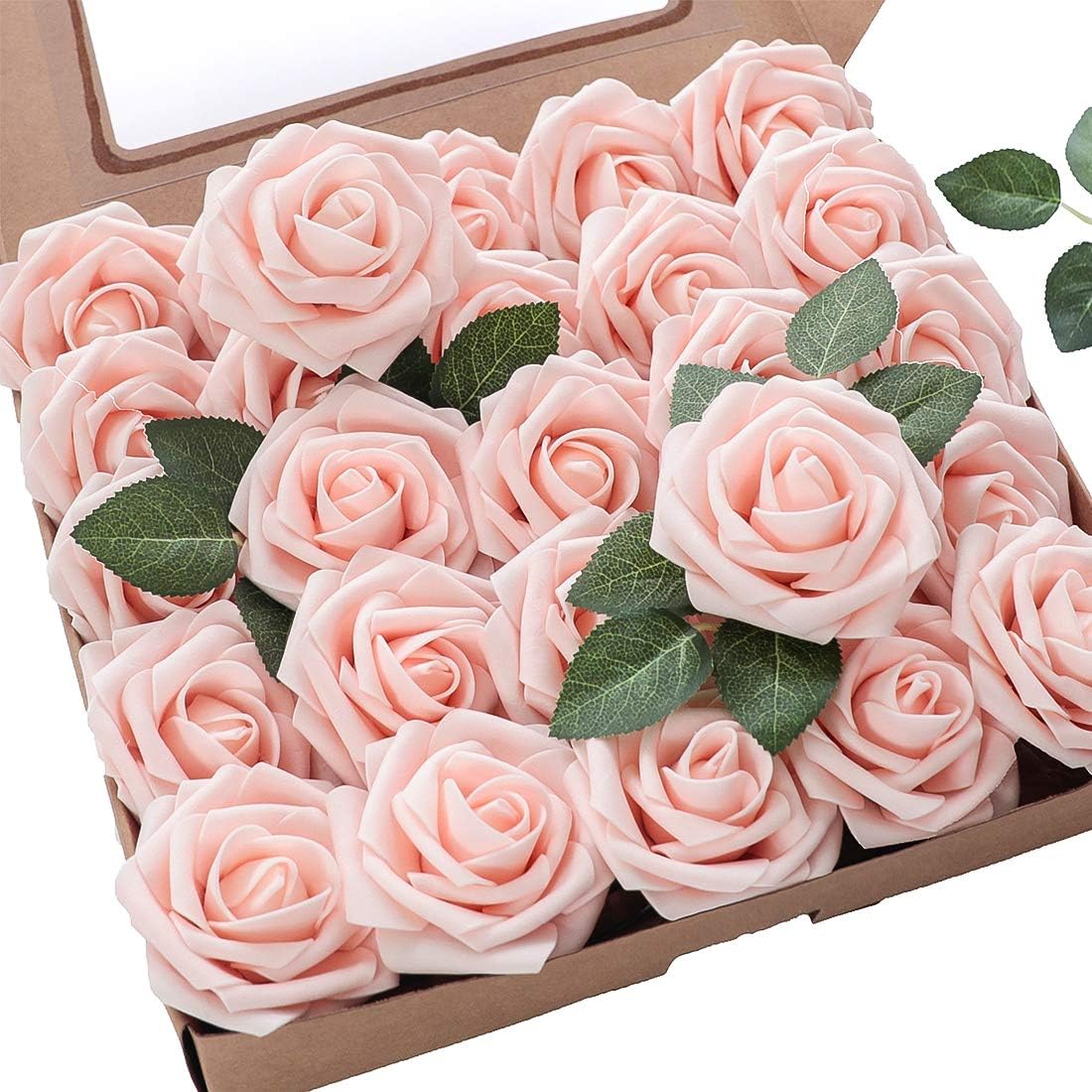 50pcs Real Looking Blush Foam Artificial Roses with Stems