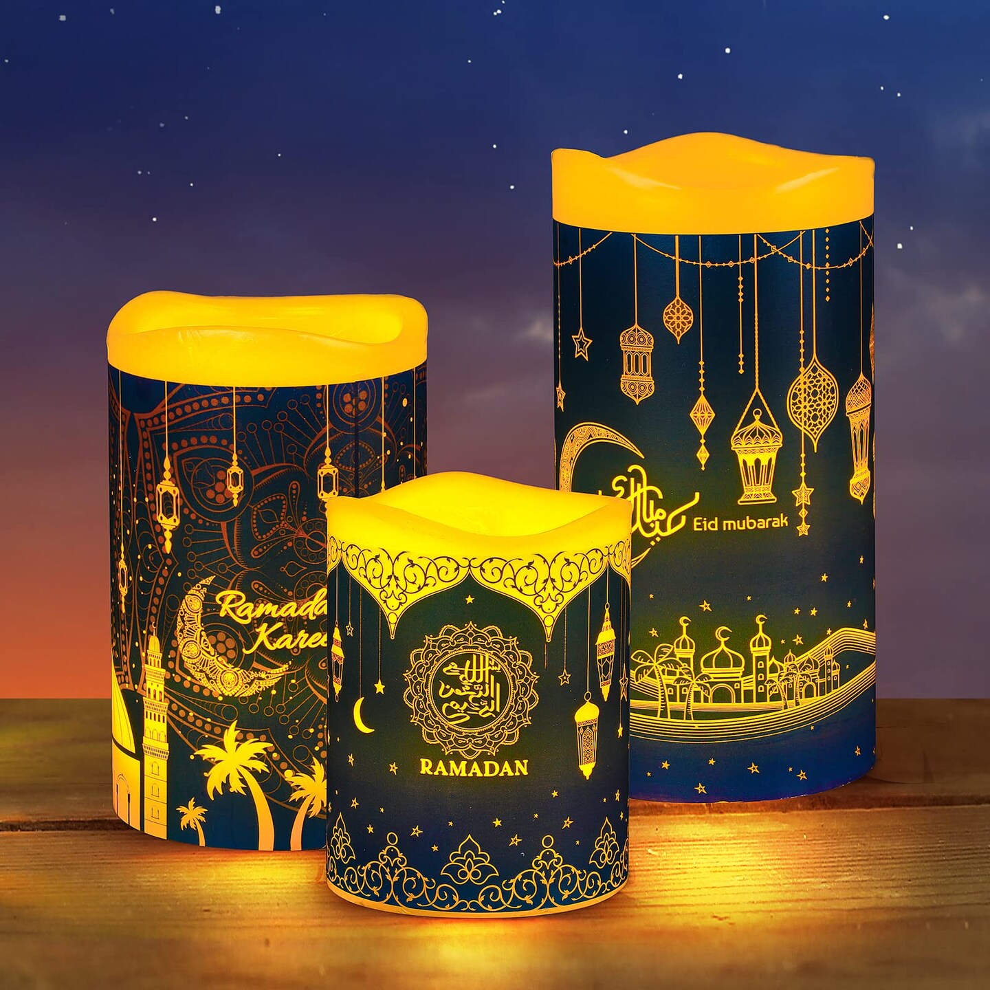 3 PCS Eid Mubarak Flameless LED Candles Lights Eid Decor Candle Lights with Timer Warm White Battery Operated Electric Led Muslim Ramadan Candle Lights for Party Supplies Home Decor