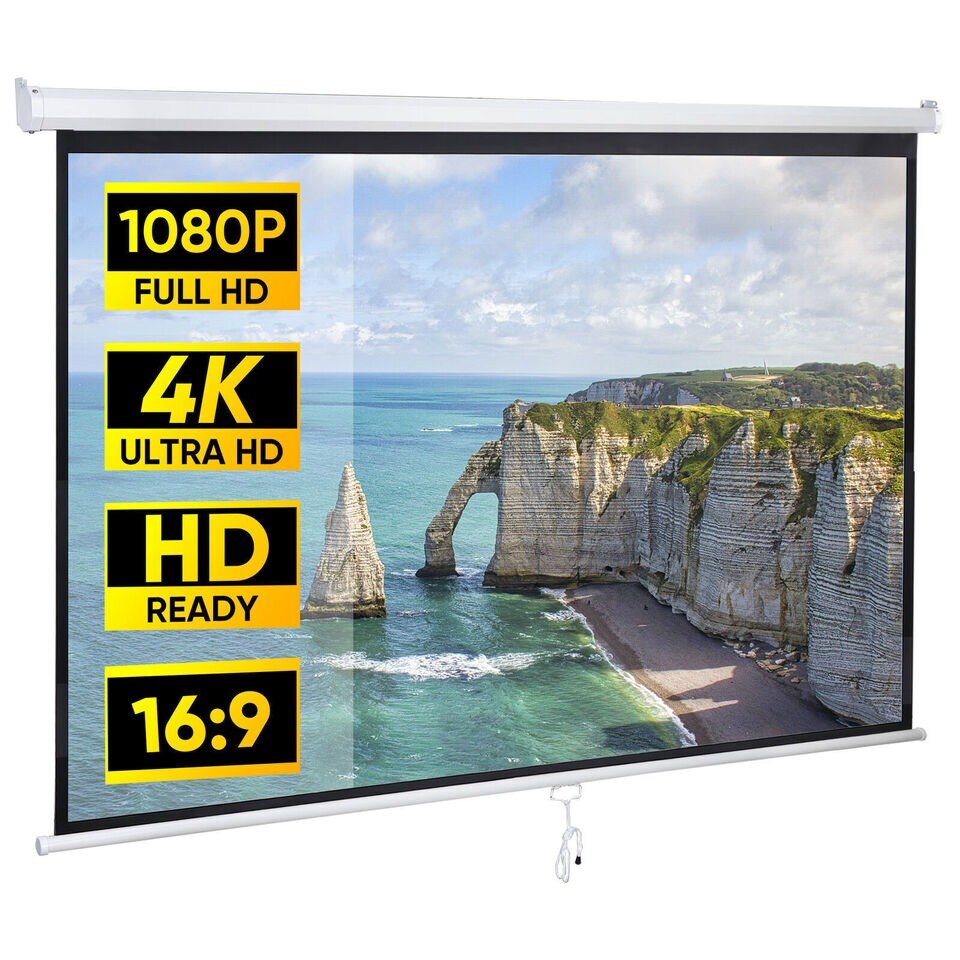 Projector Screen 80 Inch 16:9 4K HD Manual Pull Down Home Theater White