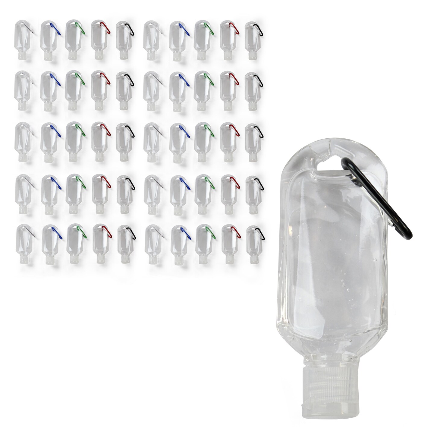 Spec101 Small Travel Bottles with Carabiner Clip - 2oz Fillable Pack of 50
