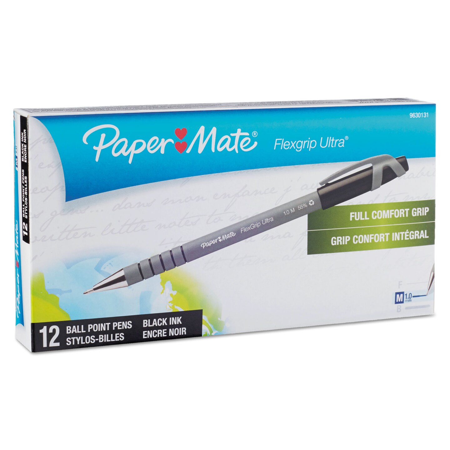 Papermate FlexGrip Ultra Stick Ballpoint Pen, Medium 1mm, Black Ink, Gray Barrel, Dozen