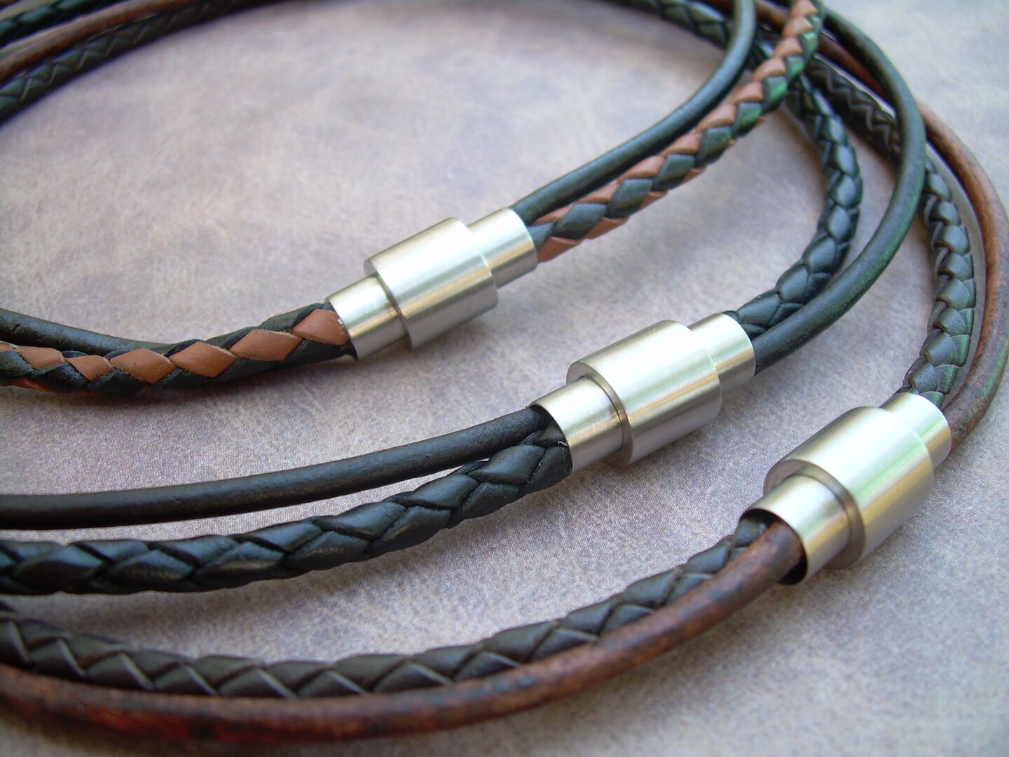 product name is Double Strand Leather Necklace with Matted Stainless Steel Magnetic Clasp