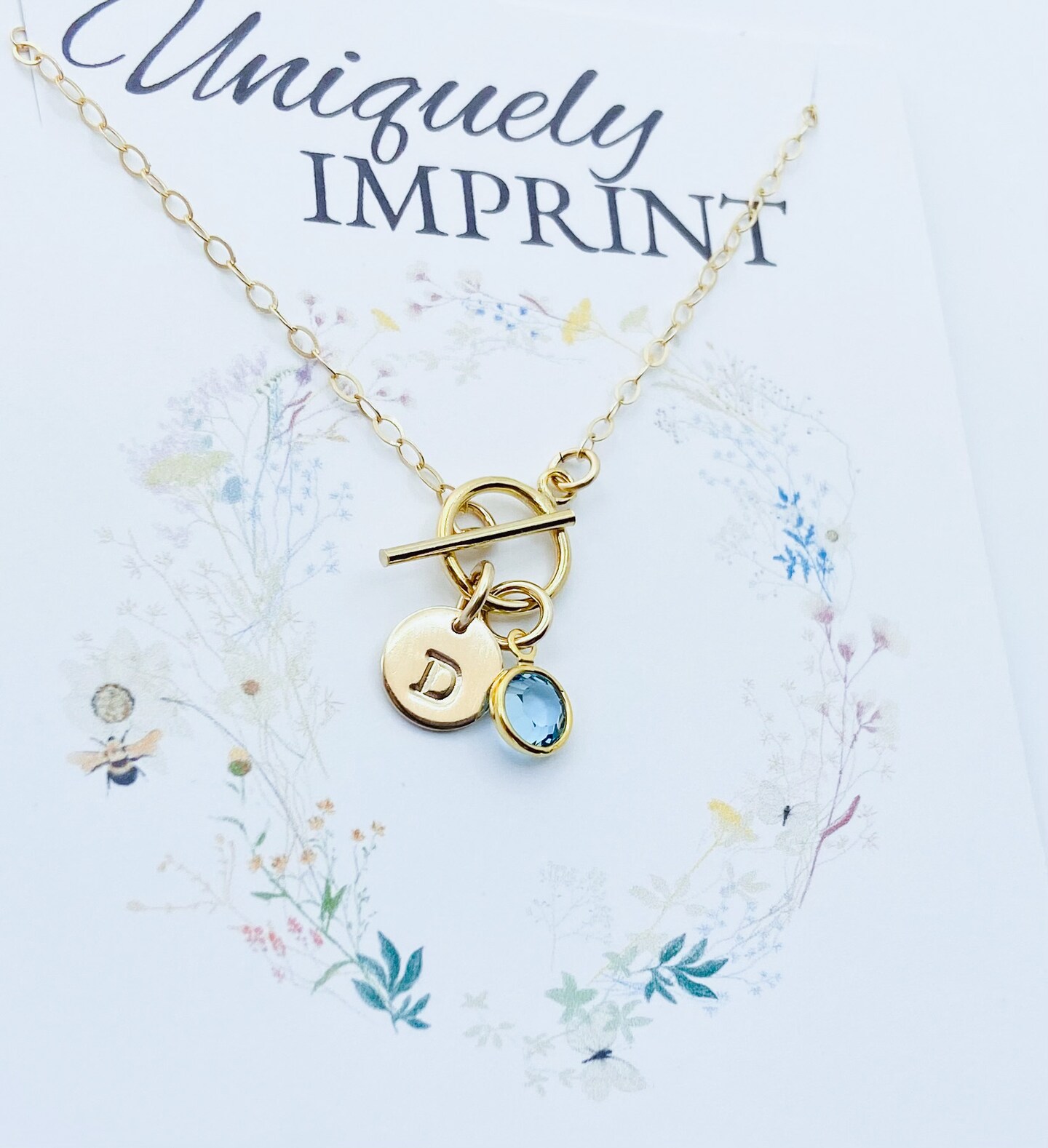Gold Toggle Initial Birthstone Necklace, Mom Initial Necklace