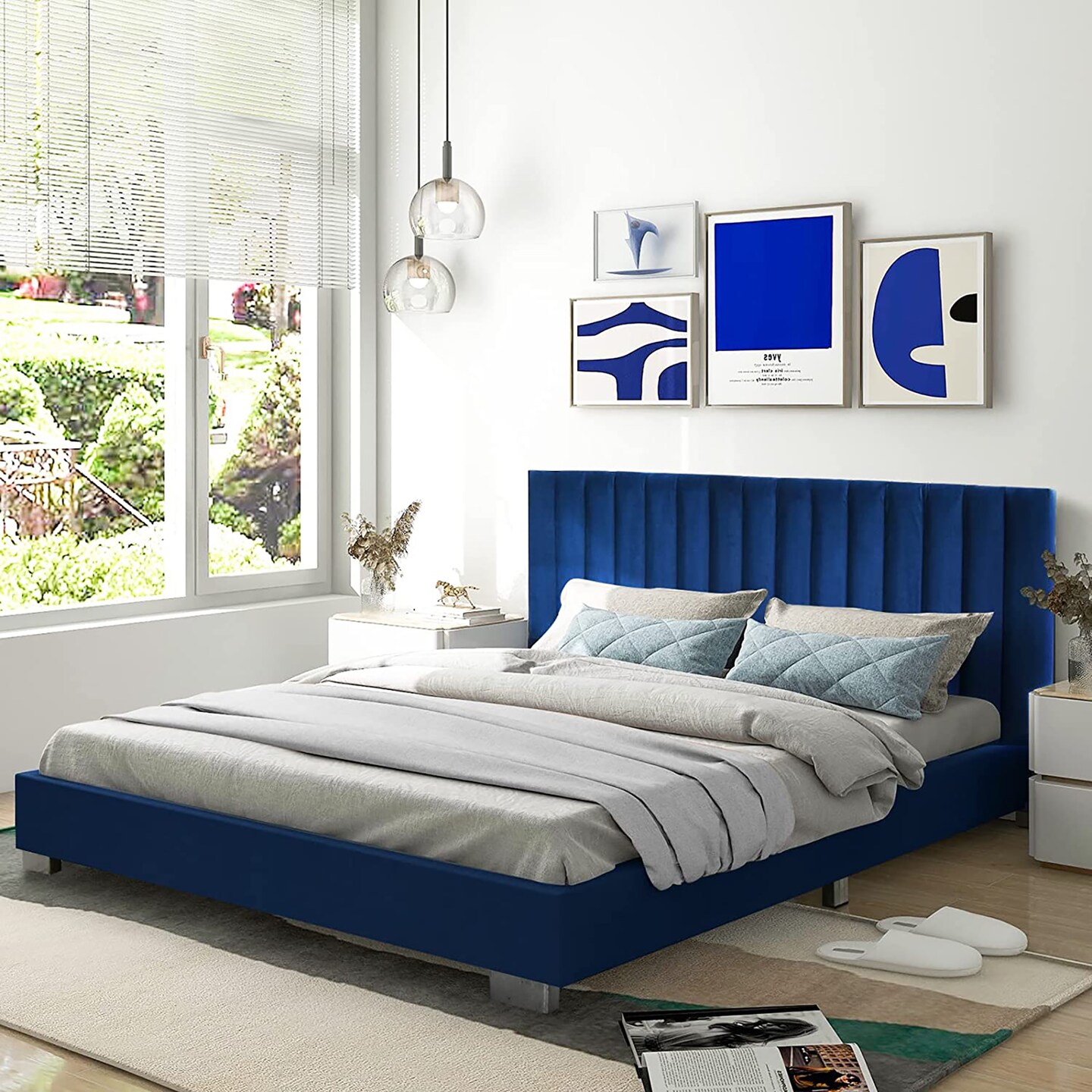 Costway Upholstered Bed Frame Full Size Modern Platform Bed with Vertical Channel Headboard No Box Spring Needed Navy/Grey