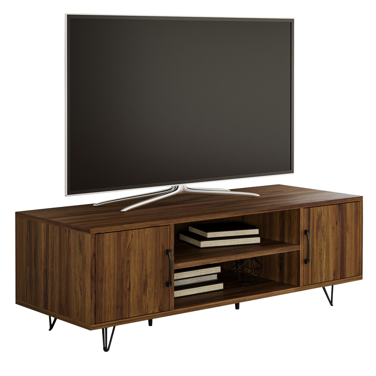 50 Inch Tv Stand Entertainment Center Dark Walnut Hairpin Legs 2 Doors Shelves