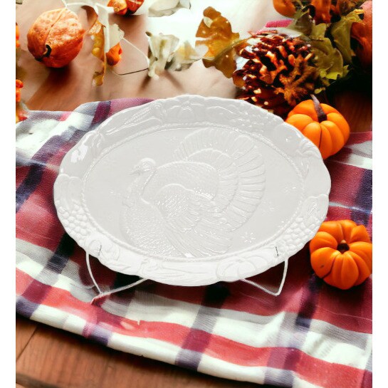 kevinsgiftshoppe Ceramic White Turkey Platter Home Decor   Farmhouse Kitchen Decor Fall Decor Thanksgiving Decor