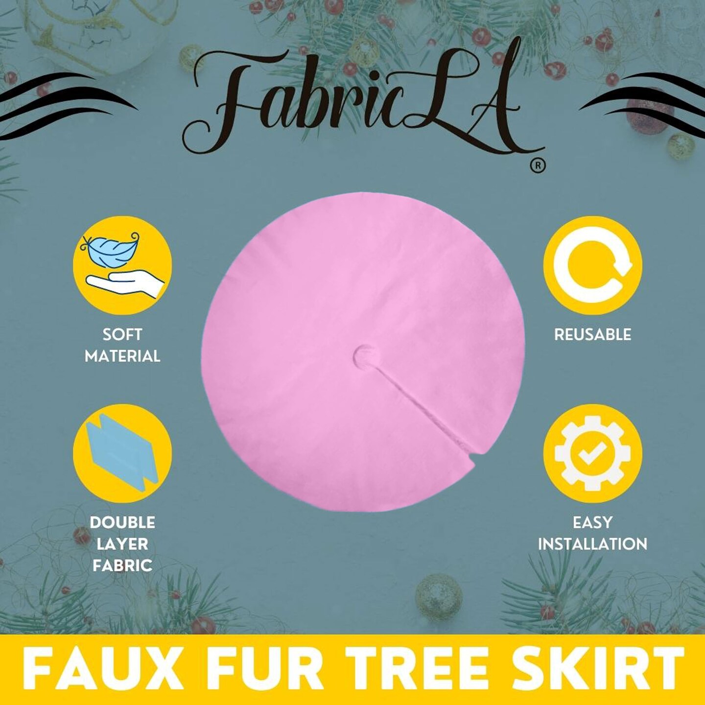 FabricLA Baby Pink Faux Fur Tree Skirt Cut - 40 Inches with Rounded Edges (No Backing) for Holiday Décor