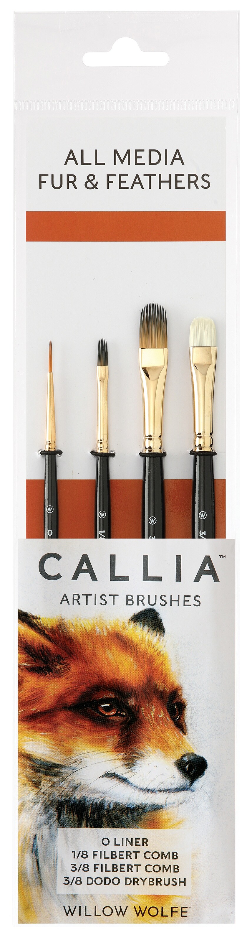 Willow Wolfe Callia Artist All Media Fur &#x26; Feather Brush Set-Liner, Filbert Combs, Dodo Drybrush
