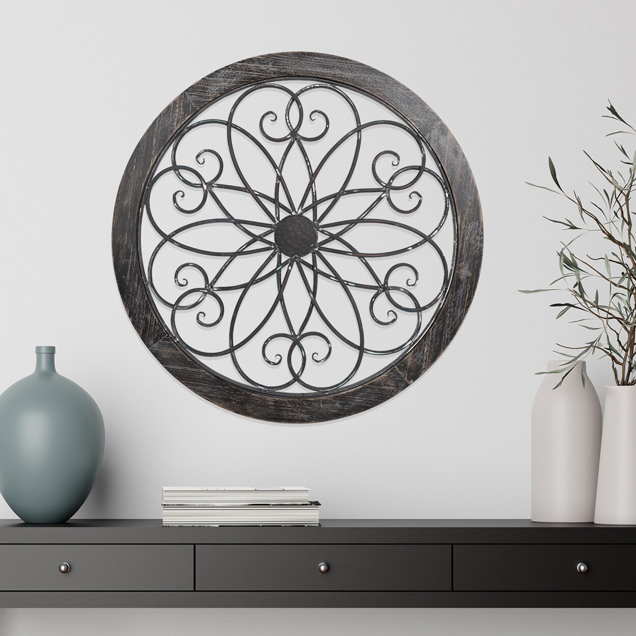Lavish Home Medallion Metal Wall Art- 24 Inch Round Iron Scrollwork Flower and Wood