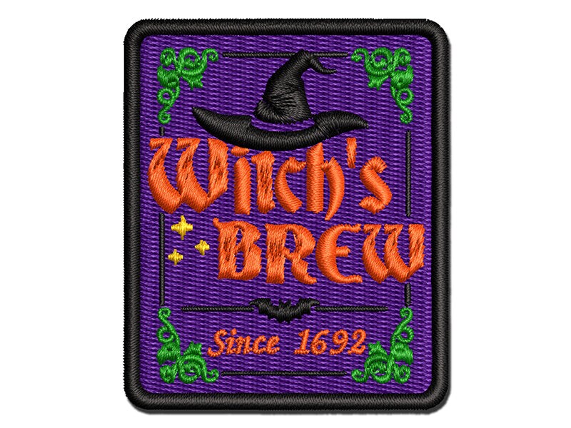 Witchs Brew Potions Label With Bat Halloween Multi Color Embroidered Iron On Or Hook And Loop 9075