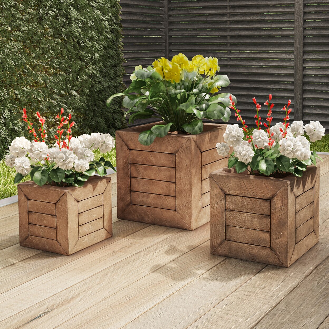Pure Garden Square Fiber Clay Planter Set 3-Piece Varying Height Rustic Wood Look