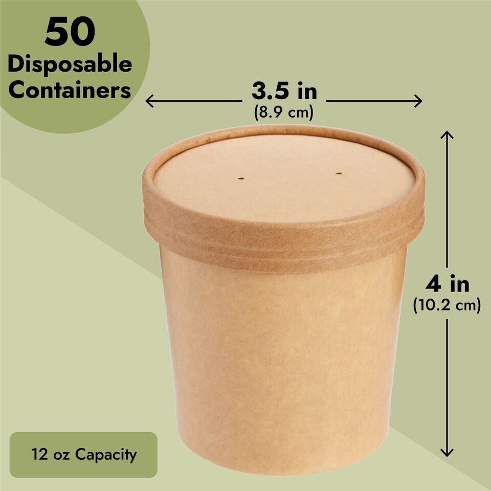 50-Pack 12 oz To Go Soup Containers with Lids, Disposable Paper Bowls (Brown)
